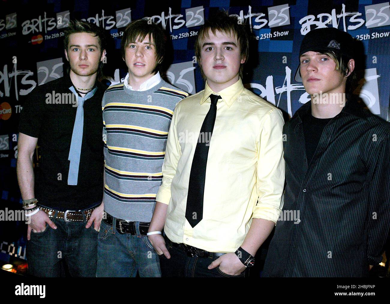 Danny Jones; Harry Judd; Tom Fletcher and Dougie Poynter of McFly attend the 'Brit Awards 2005 Shortlist Announcement' at the Park Lane Hotel on January 10, 2005 in London. Stock Photo
