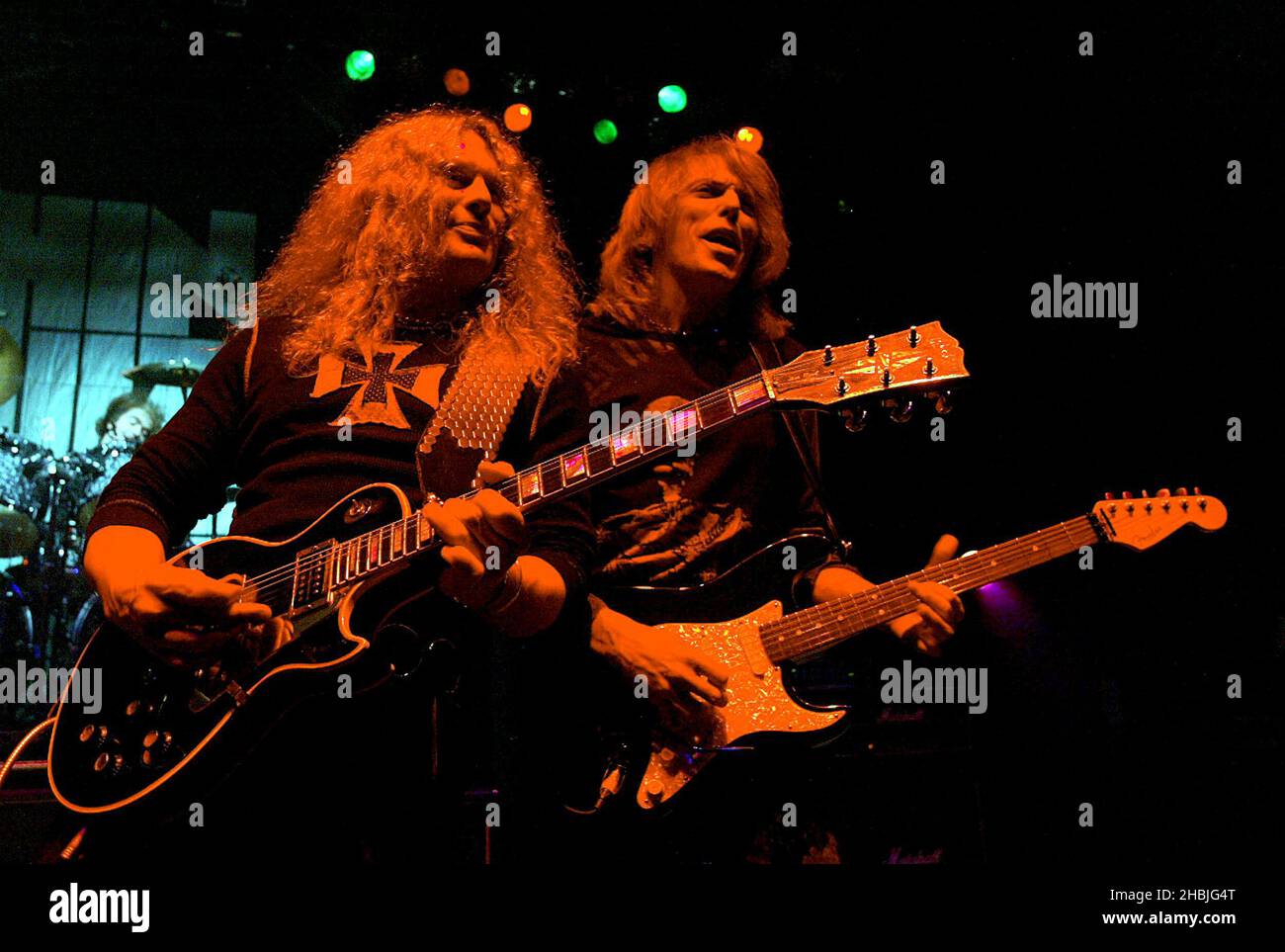 Scott Gorham Vocalist And John Sykes Original Guitarist Of Rock Band Thin Lizzy Performs On Stage During London Date Of Their Uk Tour At The Shepherds Bush Empire In London Stock Photo