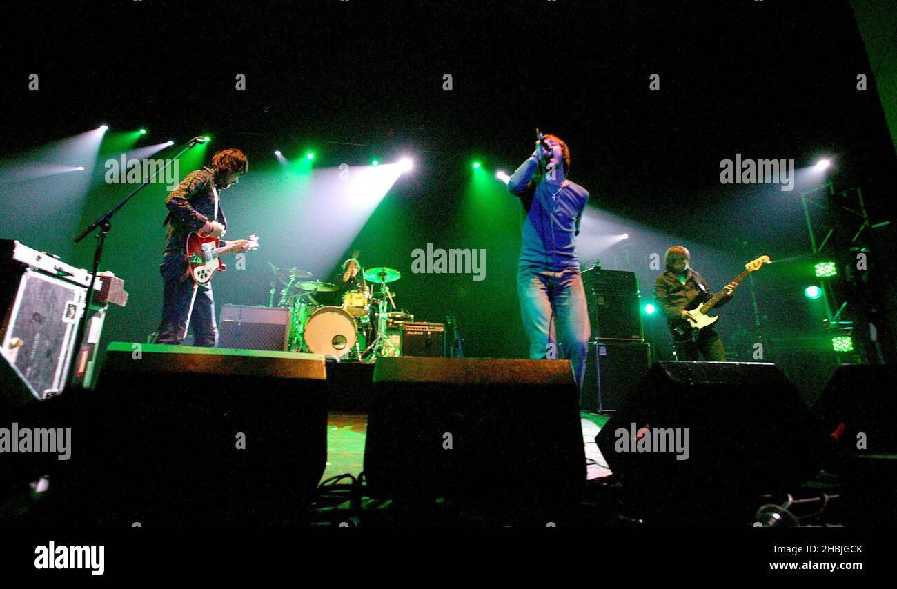 Kasabian perform on stage as part of 'The Shockwaves NME Awards Shows 2005' series of concerts, at the Carling Academy Brixton on February 10, 2005 in London Stock Photo
