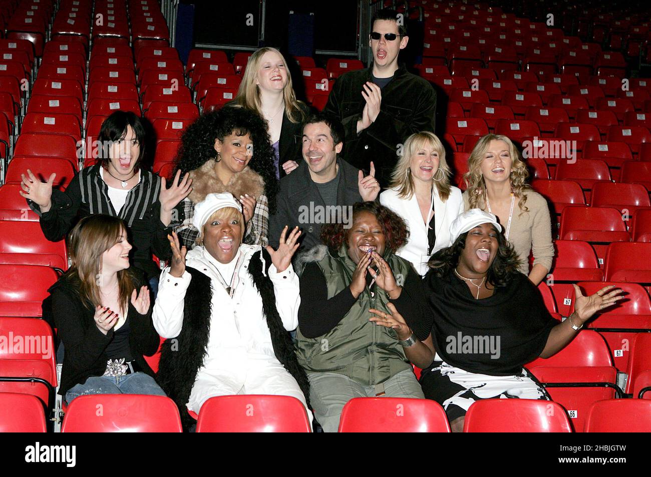 2 To Go; Tabby Callaghan; Rowetta Satchell; Steve Brookstein; Verity Keays; Roberta Howett; Cassie Compton; Voices with Soul pose at a photocall ahead of this evening's 'X Factor Live Tour' first night at Wembley Arena Pavilion on February 20, 2005 in London. Stock Photo
