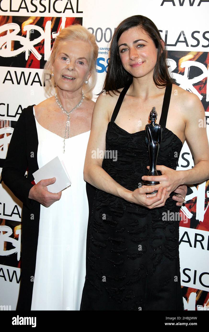 HRH Duchess of Kent poses with Natalie Clein at the Awards Board at the Classical Brit Awards 2005, the annual awards ceremony for classical music, at the Royal Albert Hall in London. Stock Photo