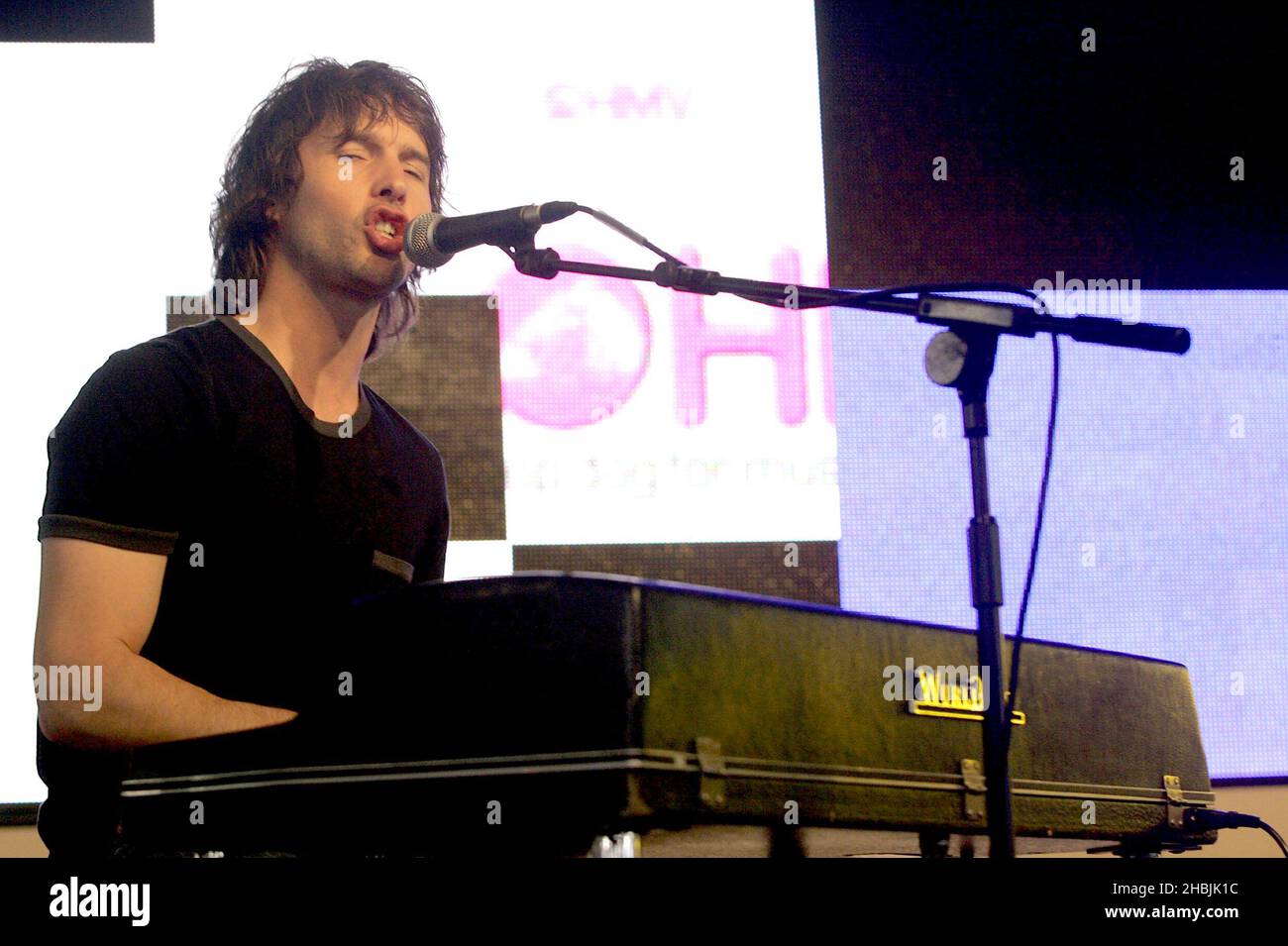James Blunt Hotly tipped Brit singer-songwriter performs live and signs copies of latest single, You're Beautiful,at HMV Oxford Street in London. Stock Photo