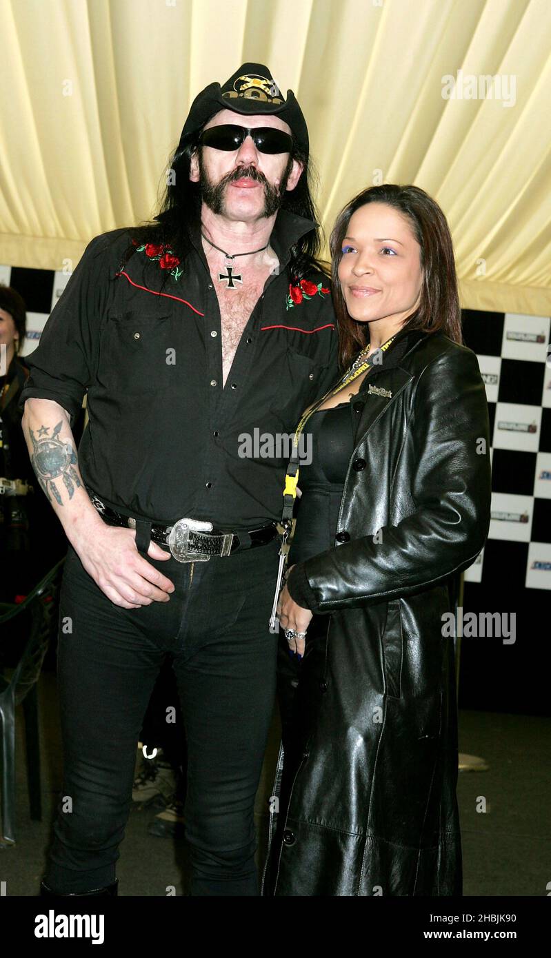Motorhead; Lemmy Kilminster and friend pose backstage on at the third and final day of this year's Download Festival at Donington Park, Castle Donington on June 12, 2005 in Leicestershire, England. Stock Photo