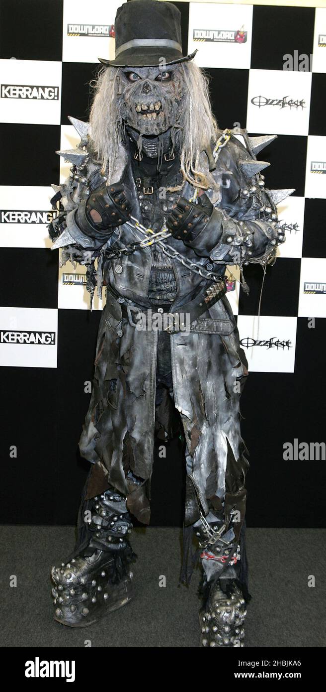 Lordi, (Kalma) of Finnish group poses backstage on stage at day one of this year's Download Festival at Donington Park, Castle Donington on June 10, 2005 in Leicestershire. Stock Photo