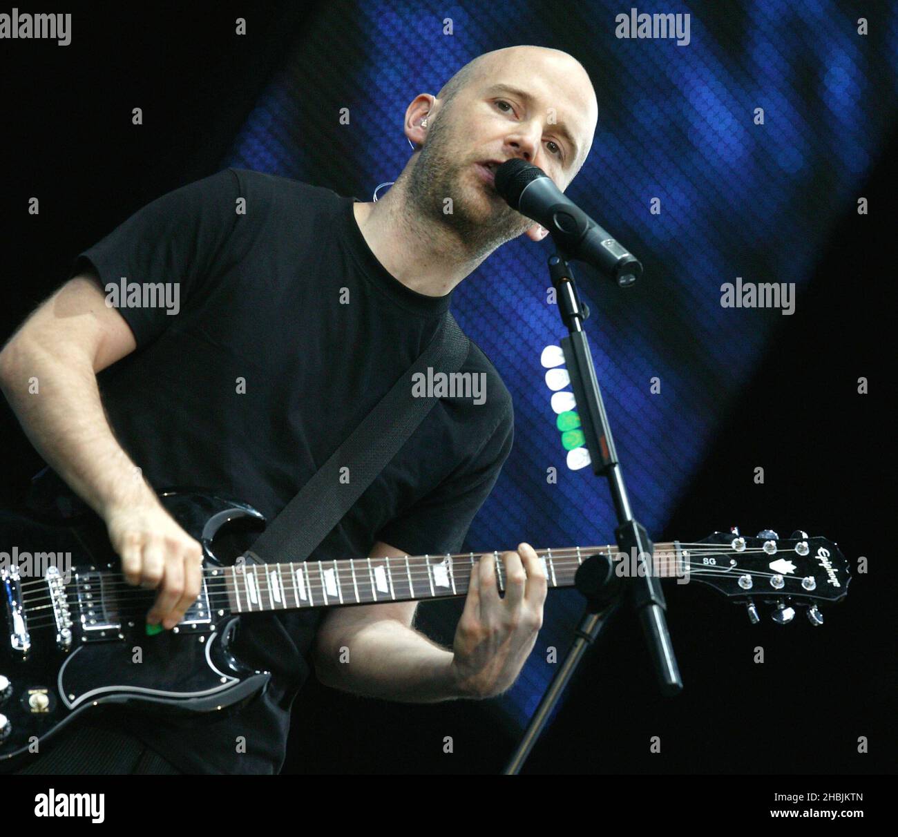 Moby performs on stage at the 02 Wirelss Festival in Hyde Park on June 24, 2005 in London. Stock Photo