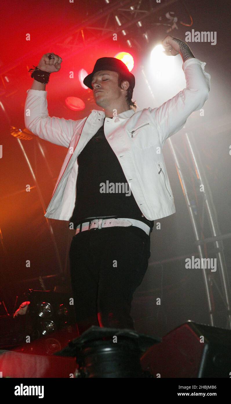 Liam Howlett of The Prodigy performs on stage as part of The Grolsch Summer Set at Somerset House on August 6, 2005 in London. Stock Photo