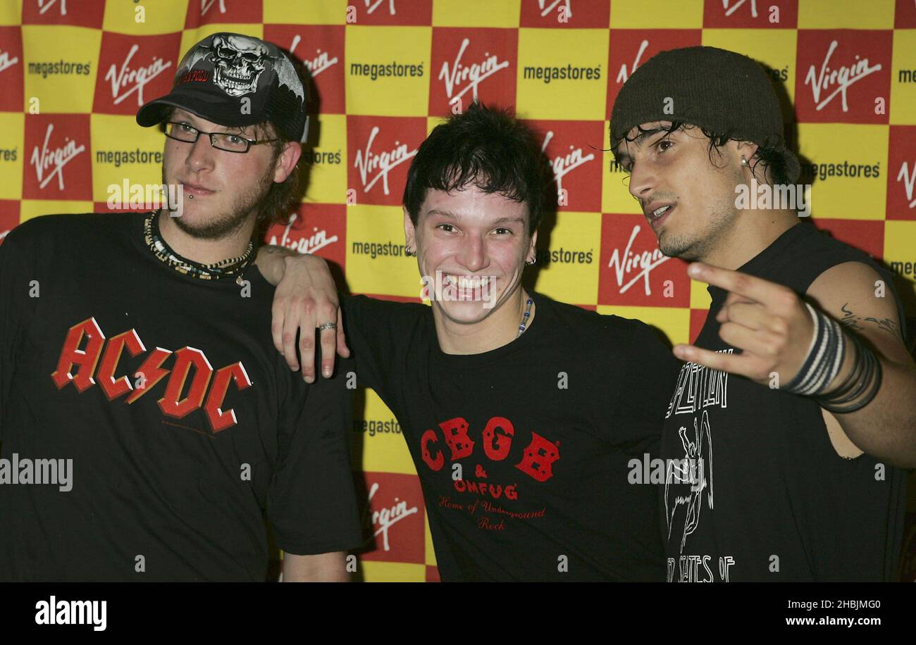 In Me; Joseph Morgan; Dave McPherson; Simon Taylor pose at the Kerrang! Day Of Rock at the Virgin Megastore, Oxford Street on August 9, 2005 in London. Stock Photo