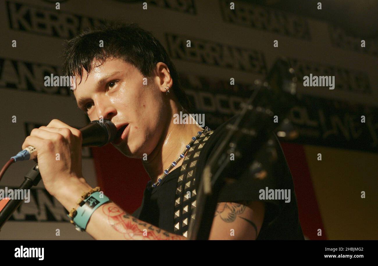 In Me; Joseph Morgan; Dave McPherson; Simon Taylor pose at the Kerrang! Day Of Rock at the Virgin Megastore, Oxford Street on August 9, 2005 in London. Stock Photo