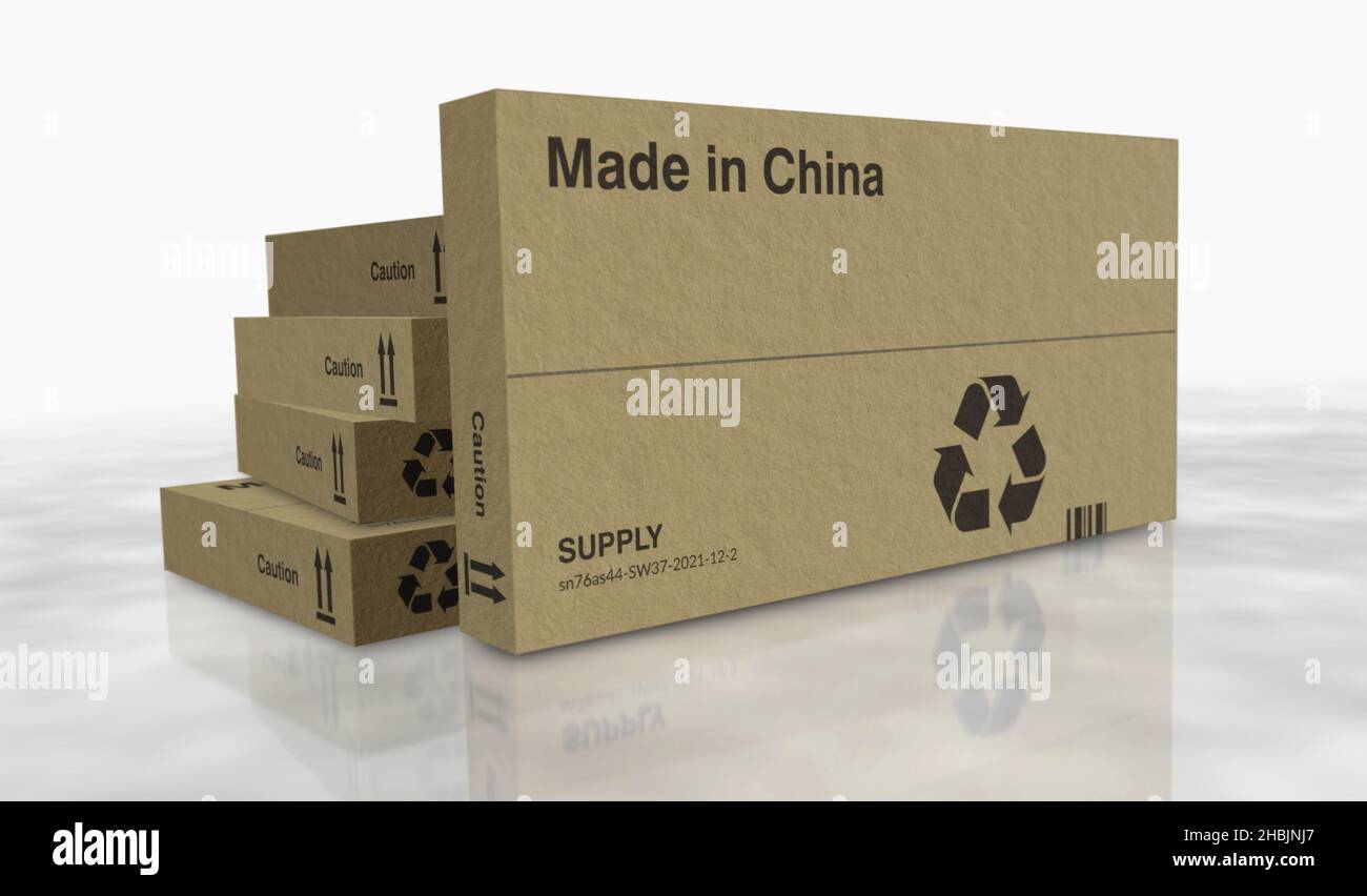 Made in China China box production line. PRC manufacturing and delivery. Product factory and export. Abstract concept 3d rendering illustration. Stock Photo