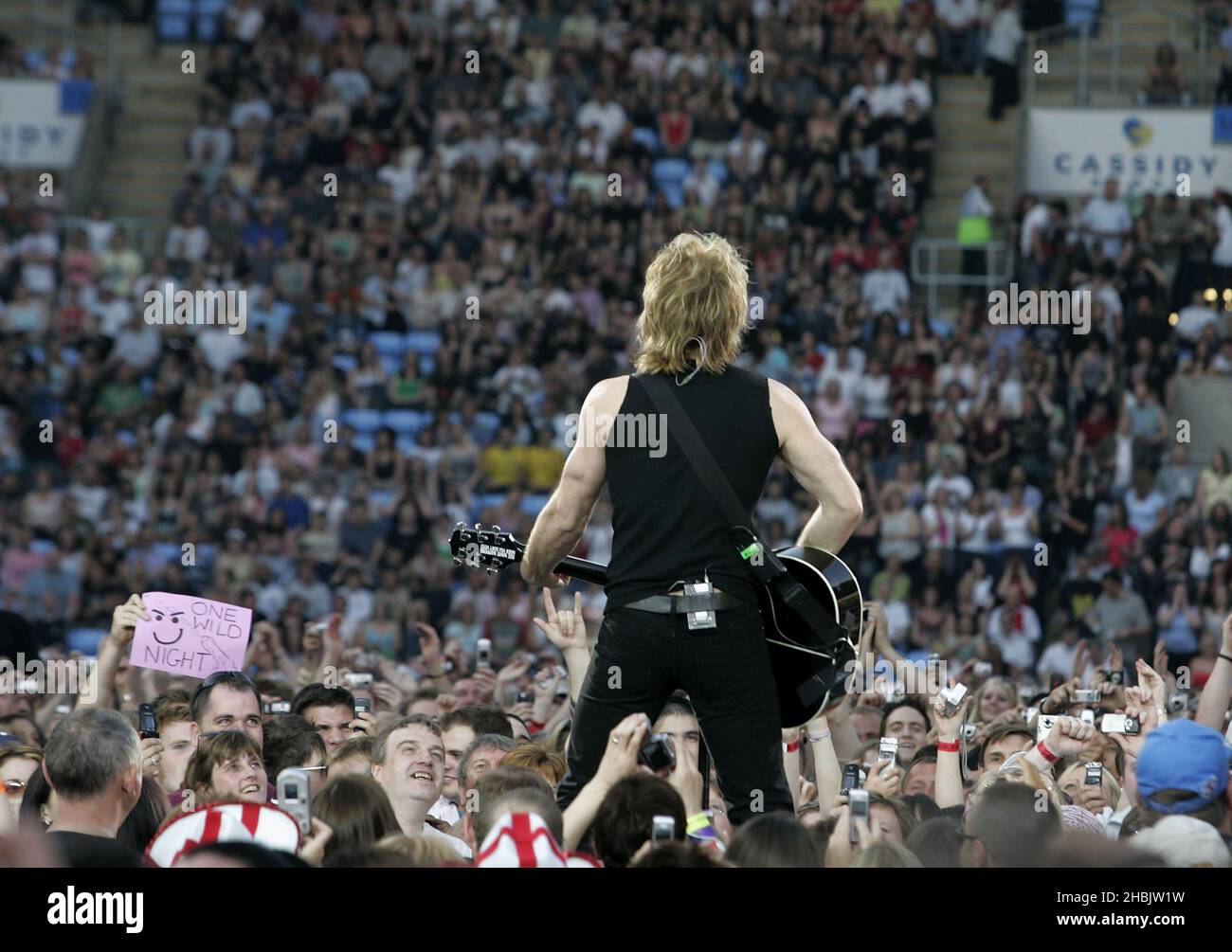 Jon Bon Jovi, Richie Sambora, Dave Ryan, Tico Torres of rock group Bon Jovi live on stage. Stock Photo