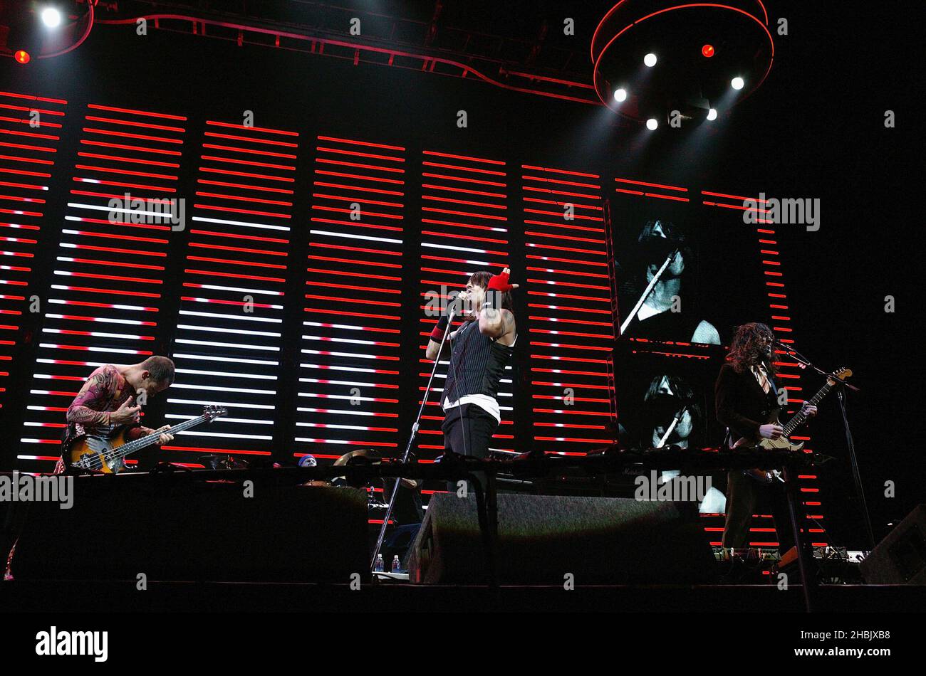 'Flea' Michael Balzary, Chad Smith, Antony Keidis, John Frusciante of Red Hot Chili Peppers live on stage. Stock Photo
