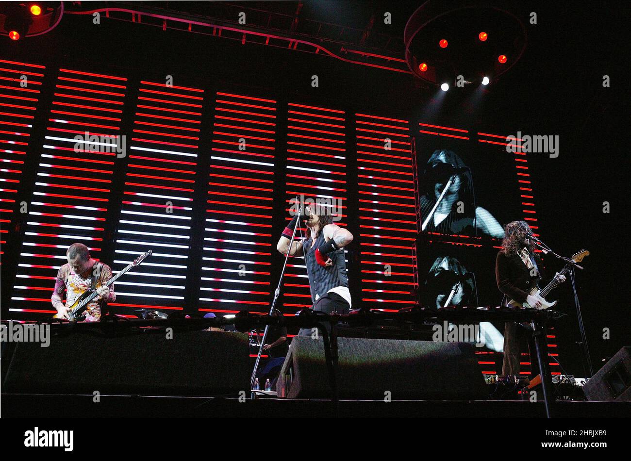 'Flea' Michael Balzary, Chad Smith, Antony Keidis, John Frusciante of Red Hot Chili Peppers live on stage. Stock Photo