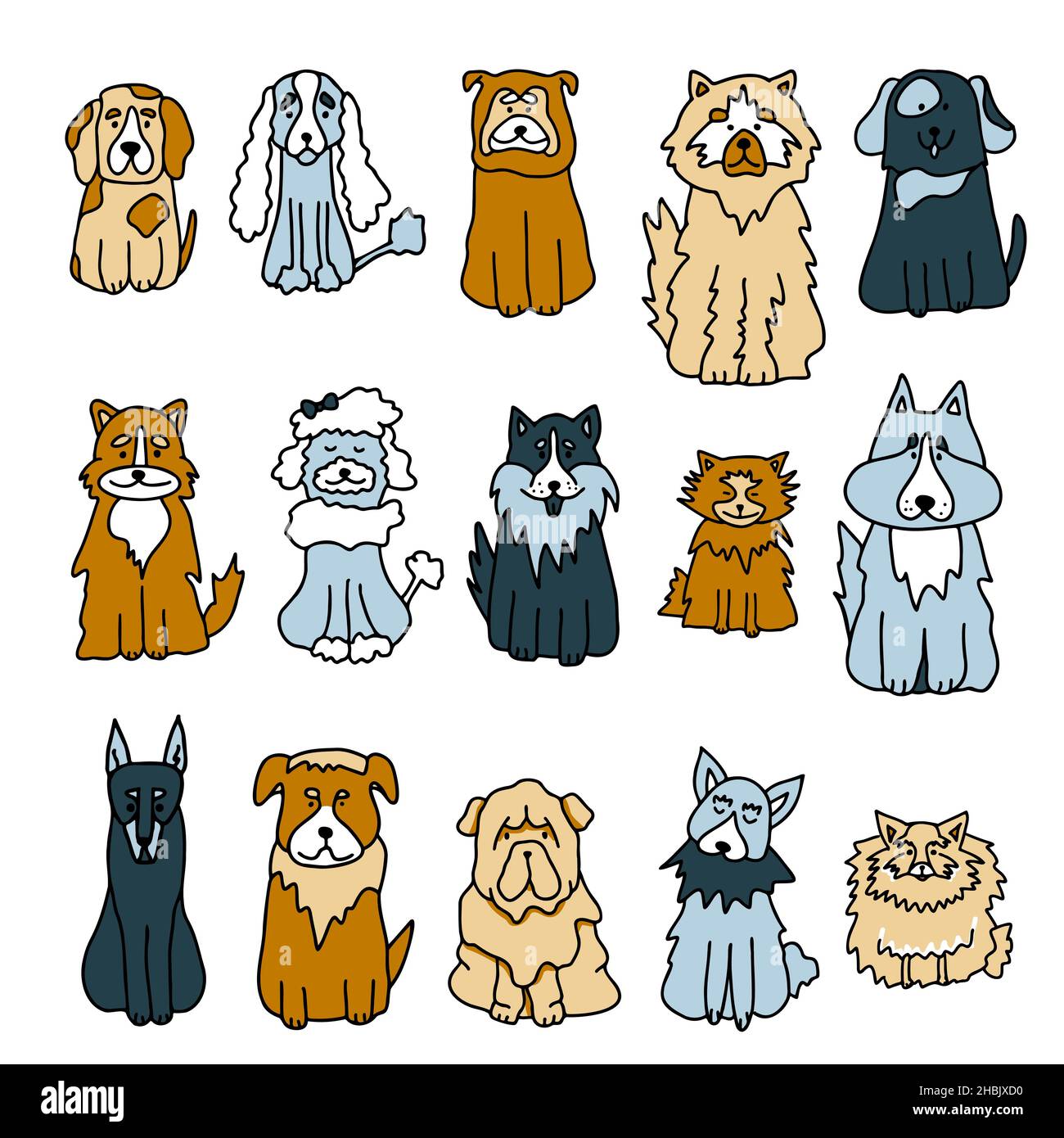 Set of hand drawn color doodle dogs on white background. Dog cute funny ...
