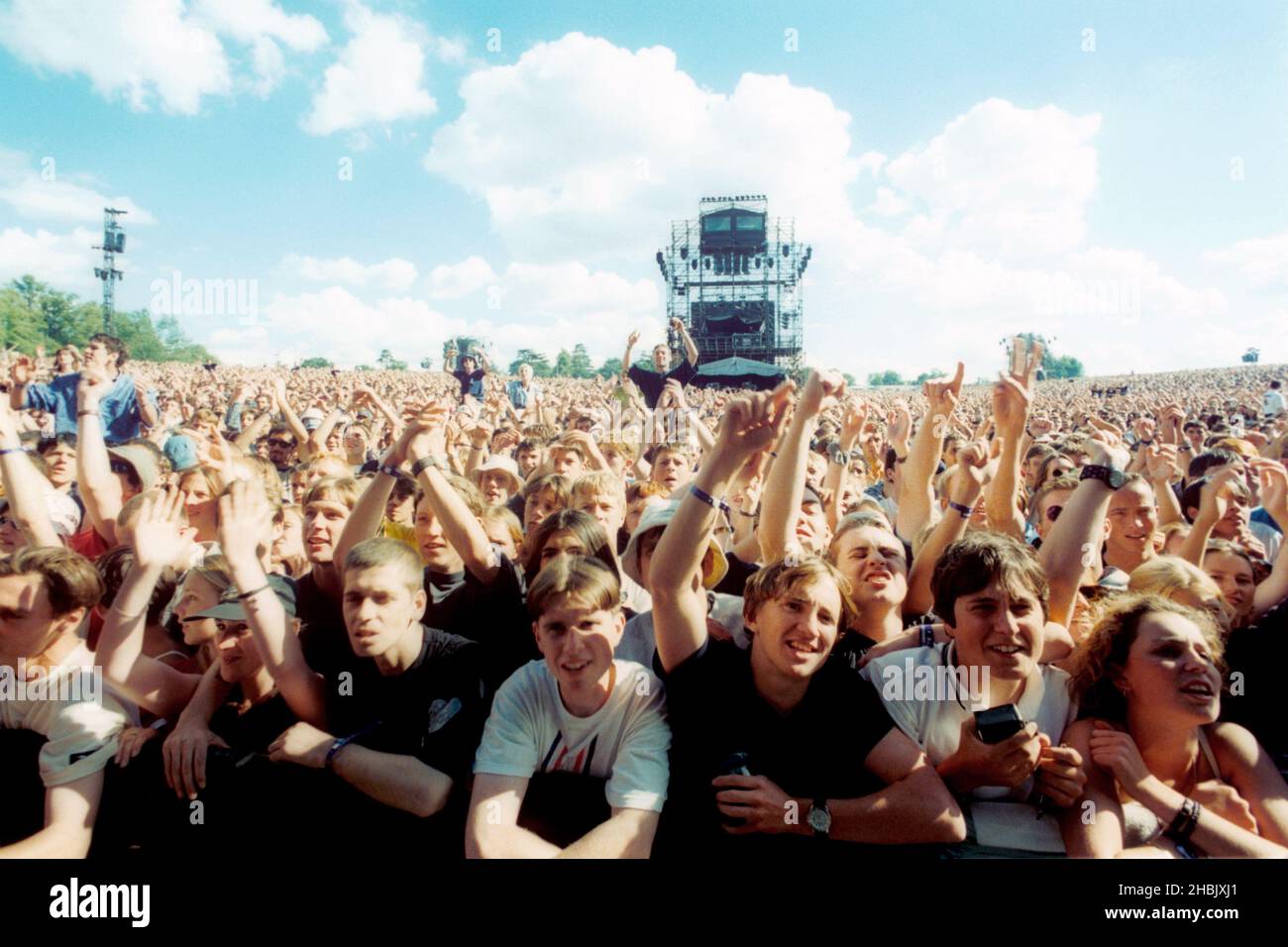 General view of the estimated 125,000 crowd from the front of the stage ...