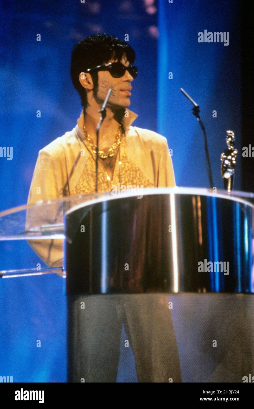 The Artist Formerly Known as Prince makes a speech after accepting his award for Best International Male Stock Photo