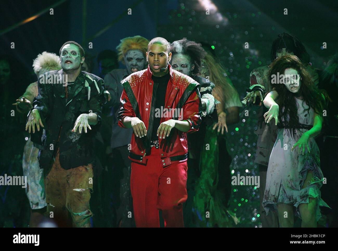 Chris Brown and dancers perform Michael Jackson's Thriller at the World Music Awards at Earls Court in central London, November, 15, 2006. Stock Photo