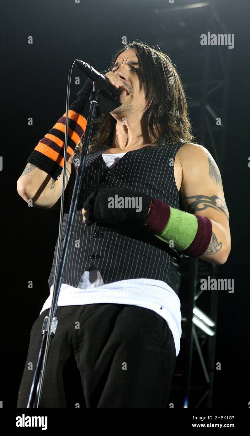 The Red Hot Chili Peppers lead singer, Anthony Keidis, performs at The