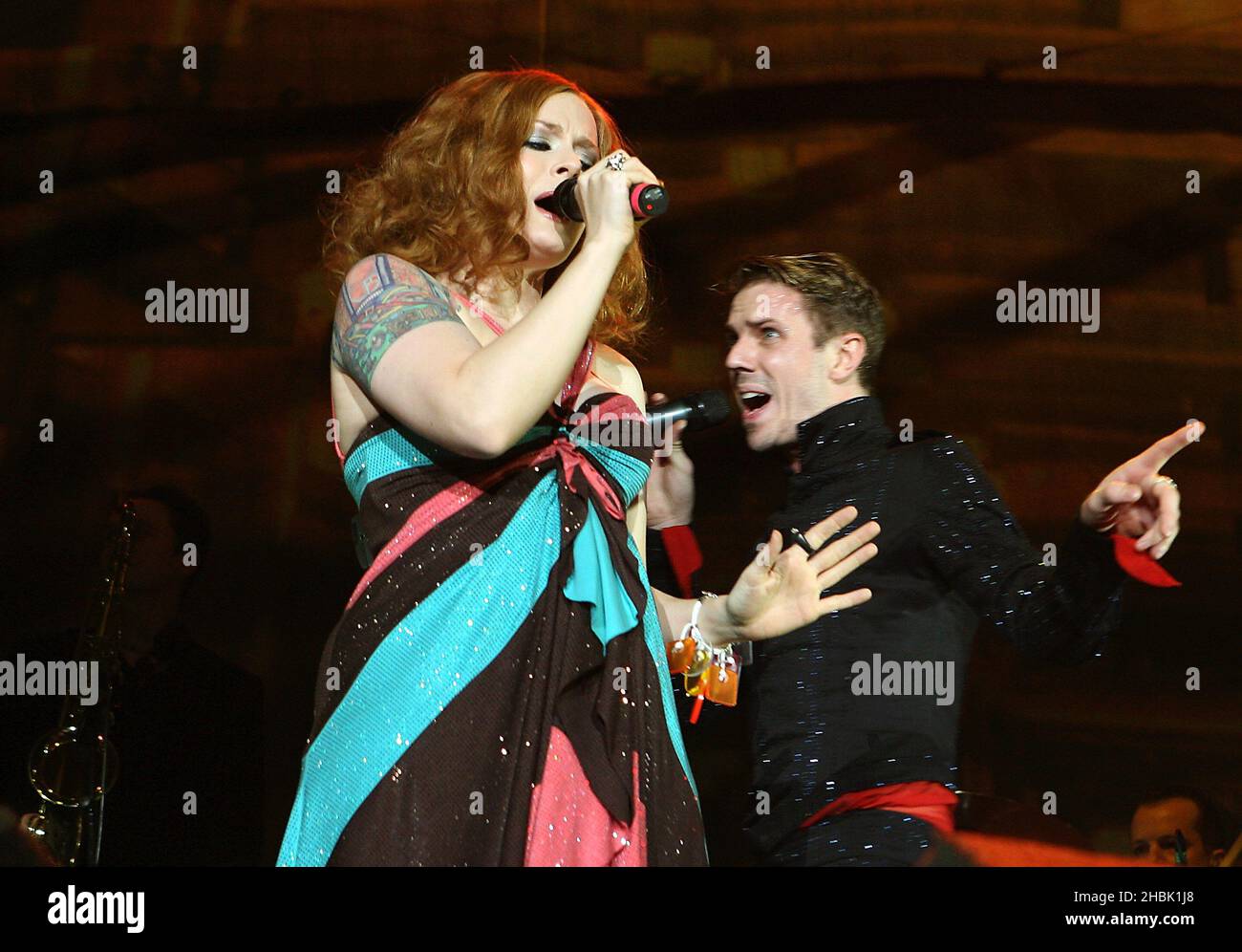 Jake shears of the scissor sisters performing on stage hires stock