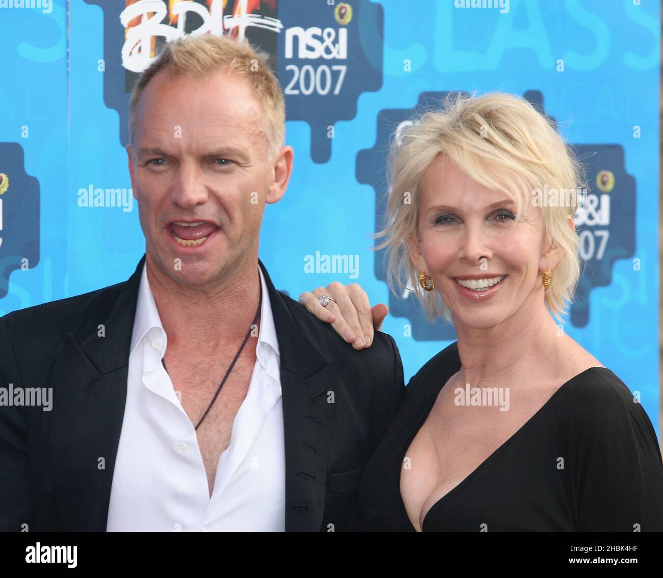 Sting and Trudie Styler pose in front of the boards at the Classical Brit Awards at the Royal Albert Hall in central London on May 3, 2007. Stock Photo