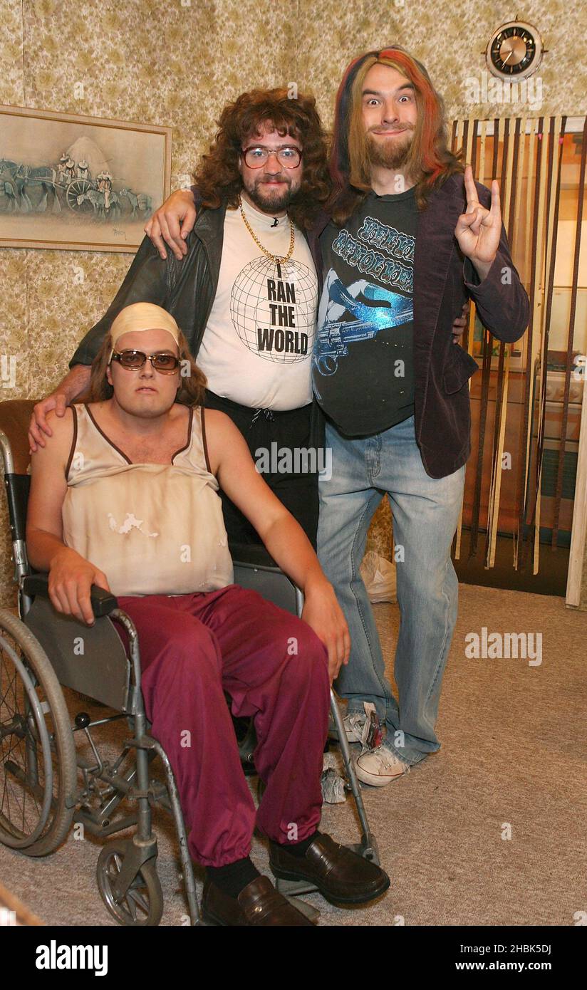 Filming for the Friday Night Project (TX: Friday 1 June 2007, Channel 4 @ 2305) with (right-left) guest host David Walliams, Justin Lee Collins & Alan Carr (as Little Britain's Lou & Andy), Wednesday 30 May 2007. Stock Photo