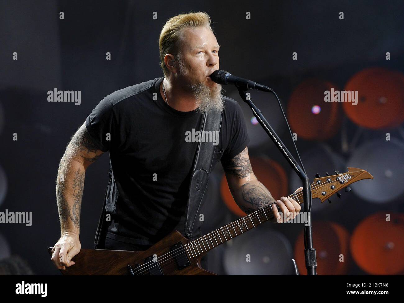 James Hetfield of Metallica performs during the charity concert at Wembley Stadium, London. Stock Photo