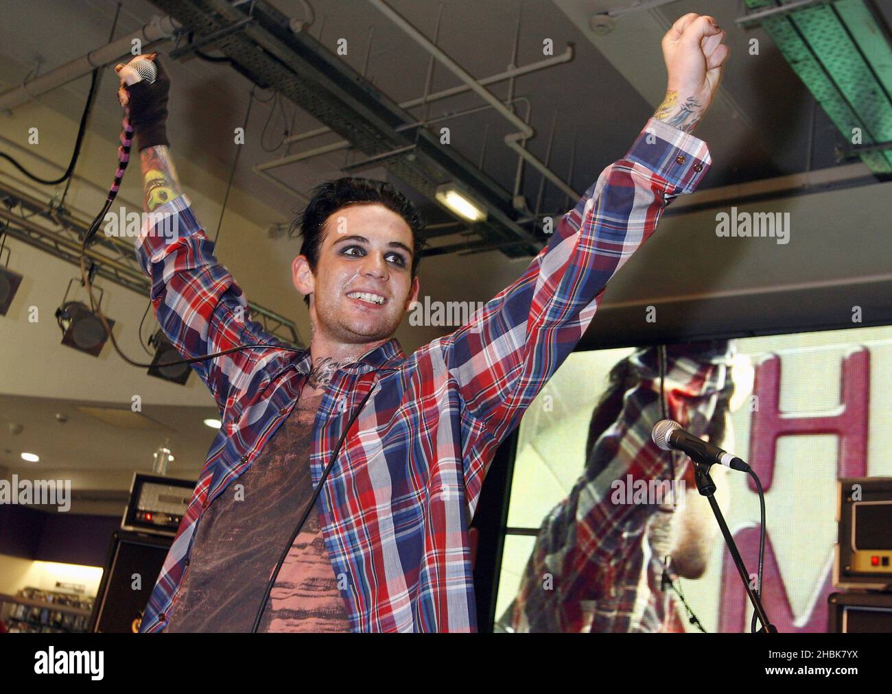 wiL Francis, lead singer of the band Aiden performs during an instore gig at HMV on Oxford Street in central London. Stock Photo
