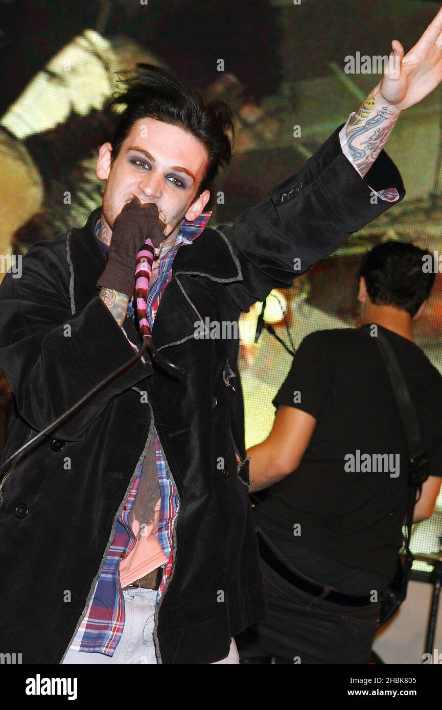 wiL Francis, lead singer of the band Aiden performs during an instore gig at HMV on Oxford Street in central London. Stock Photo