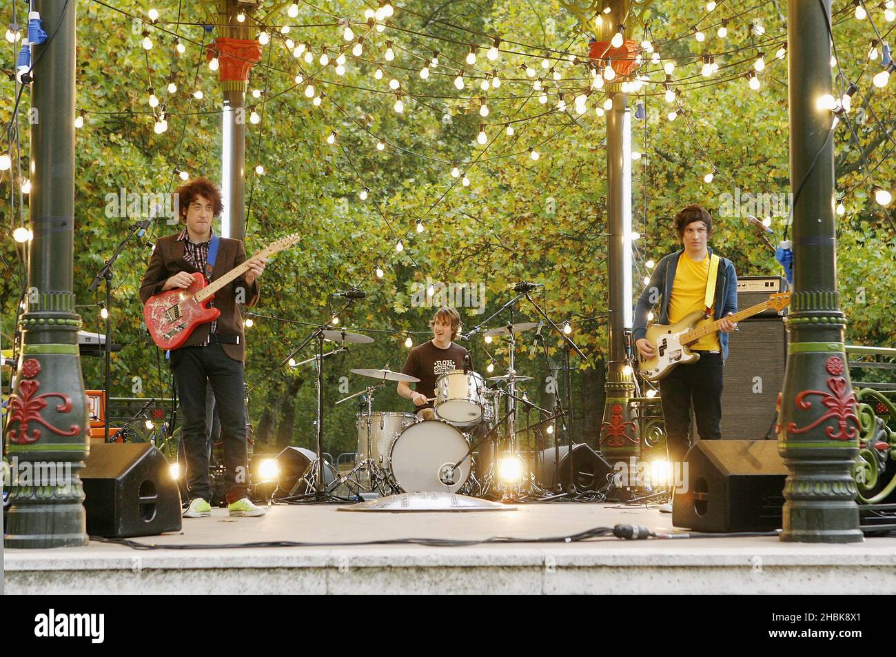 The Wombats perform at the Show 1 Confirmed Artists CONFIDENTIAL at Battersea Park Bandstand in London. Stock Photo