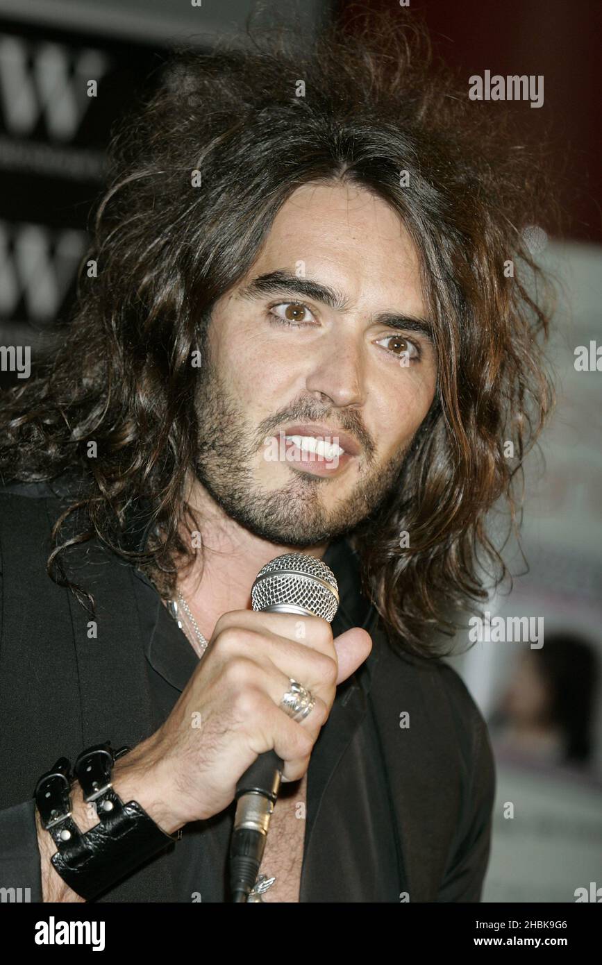 Russell Brand at Waterstones in Piccadilly, London, where he gave an impromptu stand-up gig after signing copies of his book, My Booky Wook. Stock Photo