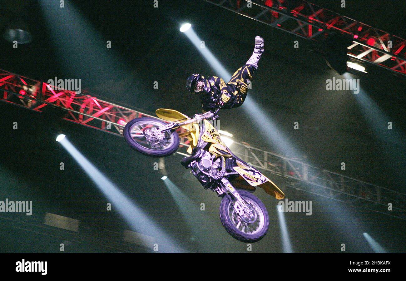 The Crusty Demons Freestyle Motorcross Daredevil Team perform during their 'Unleash Hell Tour' at Wembley Arena in London. Stock Photo