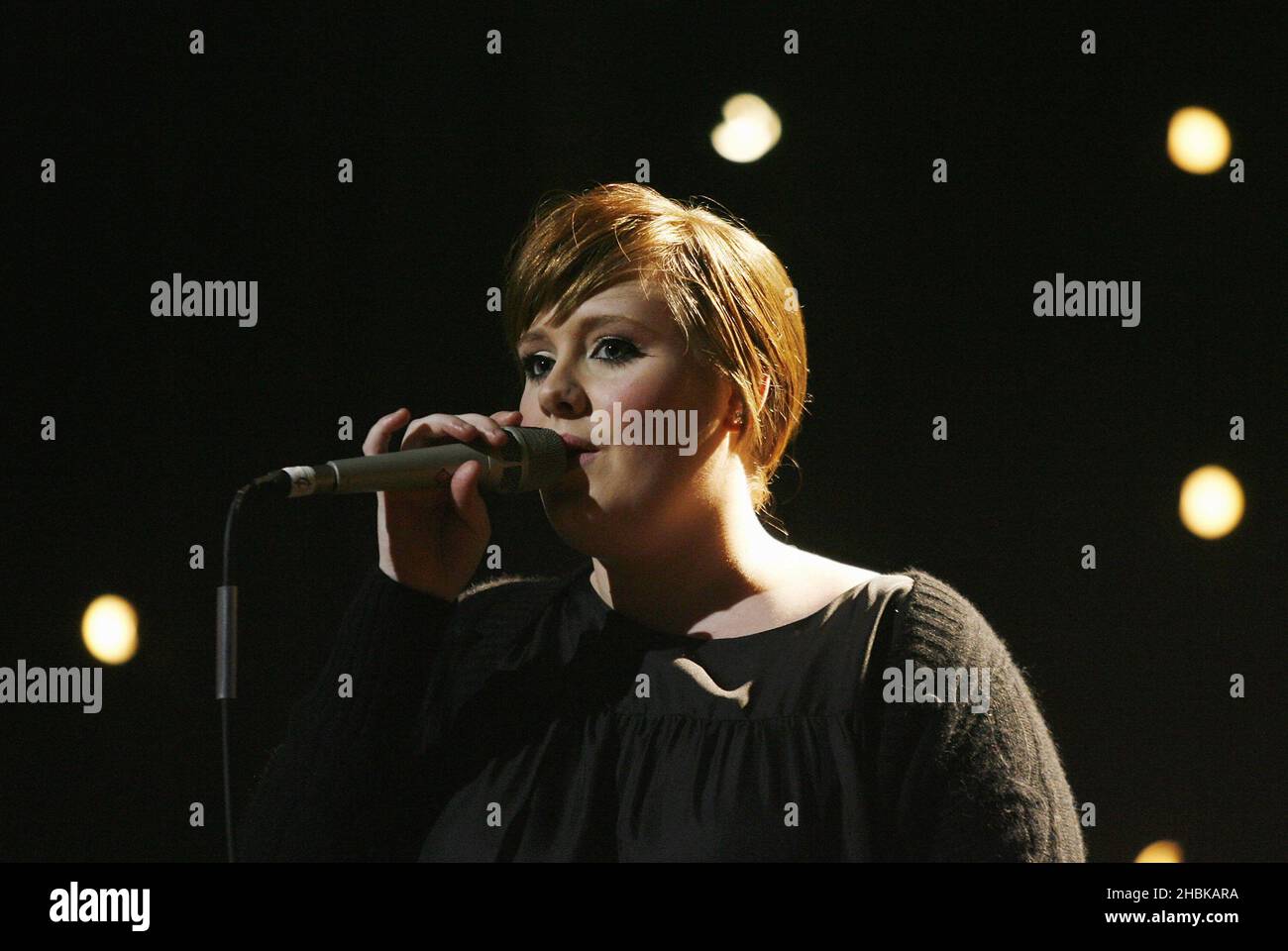 Adele performs at the 2008 Brit Nominations Launch Party at the Roundhouse in London. Stock Photo