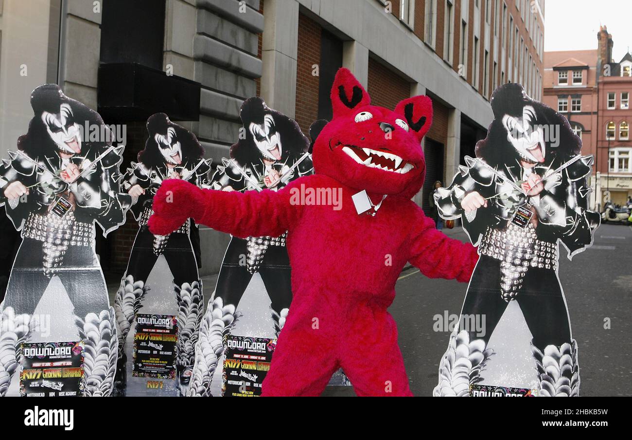 Kiss card board cut-outs and the Download emblem dog, pose in Oxford Street and Carnaby Street in London promoting the Download Festival at Donington Park 13,14,15 June 2008. Kiss have been confirmed as one of the main headling bands along with Offspring Stock Photo