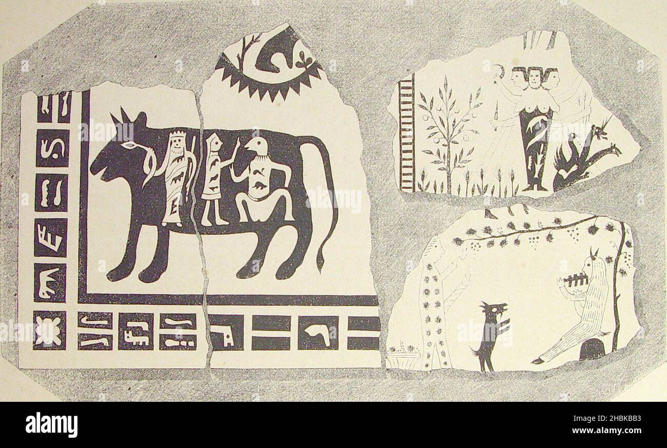 'Restos de un sepulcro de carácter egipcio encontrado en Tarragona. (Longitud de los objetos originales 60 centímetros). A. El trozo de la izquierda, dividido en dos partes, es un fragmento perteneciente a la tapa ; y representa la transmigración de Osiris en el buey Apis. B y C. Los otros dos trozos son fragmentos pertenecientes a los costados del sarcófago decorado en ambas caras. En el anverso del trozo del buey se ve simbolizada la España con el jardín de las Hespérides. En el reverso del trozo superior de la derecha se ve a BAco, vestido de pámpanos, enseñando el cultivo de la vid ; y a P Stock Photo