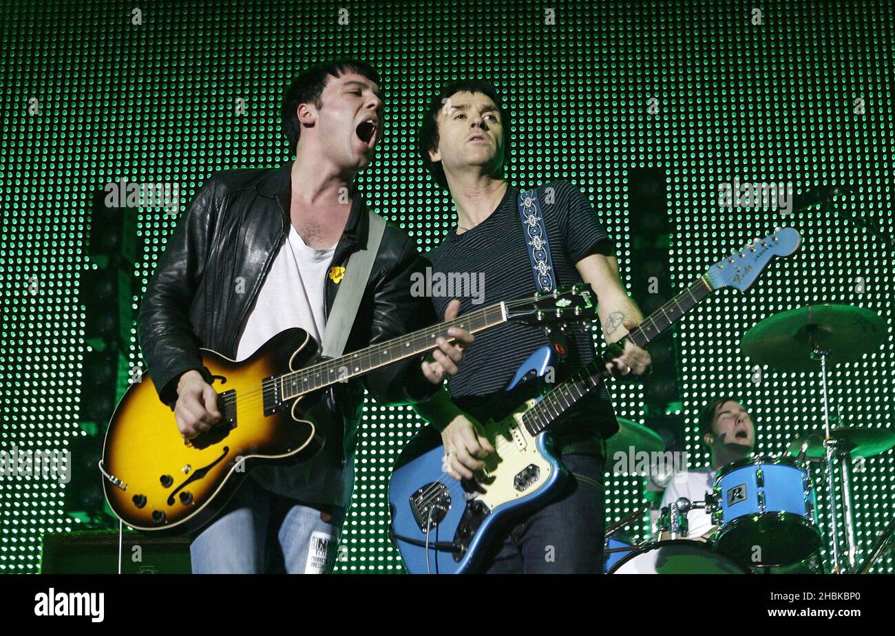 The Cribs and Johnny Marr perform on stage during the Shockwaves NME