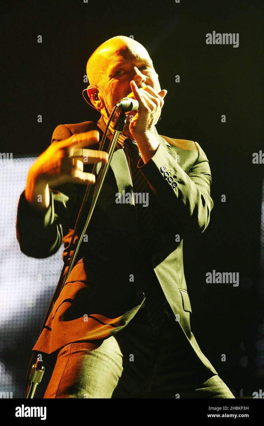 Michael stipe of rem performing on stage hires stock photography and