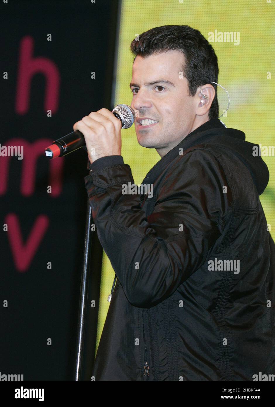 Jordan Knight of New Kids on the Block performs at HMV on Oxford Street in central London. Stock Photo