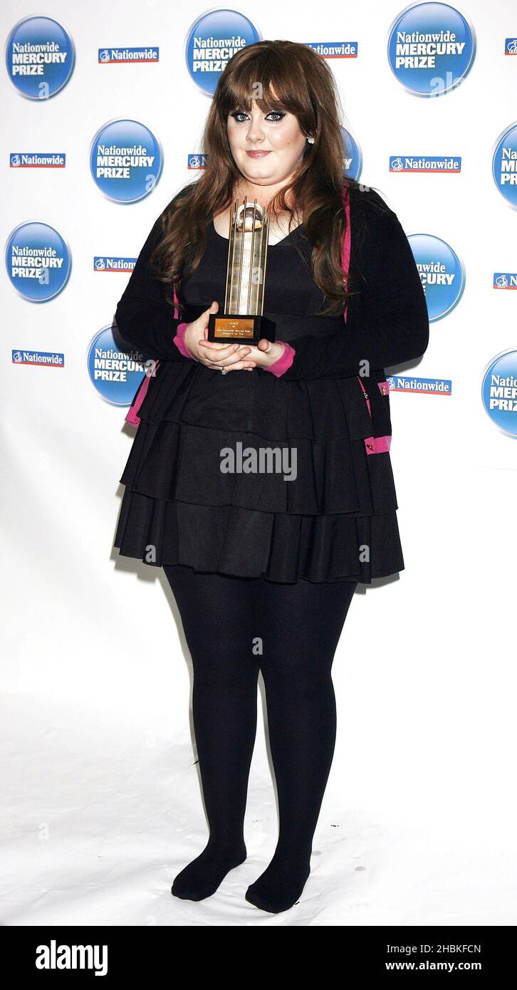 Adele with her nomination award at the Mercury Music Awards at the Grosvenor House Hotel, London. Stock Photo