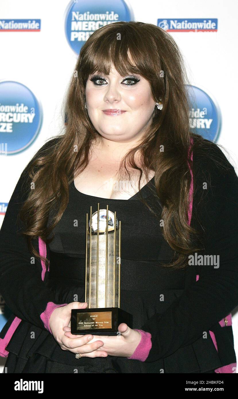 Adele with her nomination award at the Mercury Music Awards at the Grosvenor House Hotel, London. Stock Photo