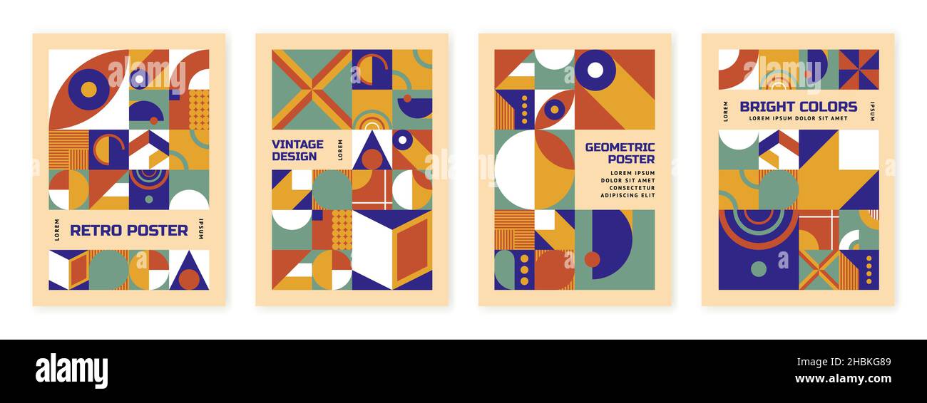 Contemporary geometric funky design. Unusual banners collection, unique abstract blocks graphic. Retro basic tiles, bright brutalism swanky vector Stock Vector