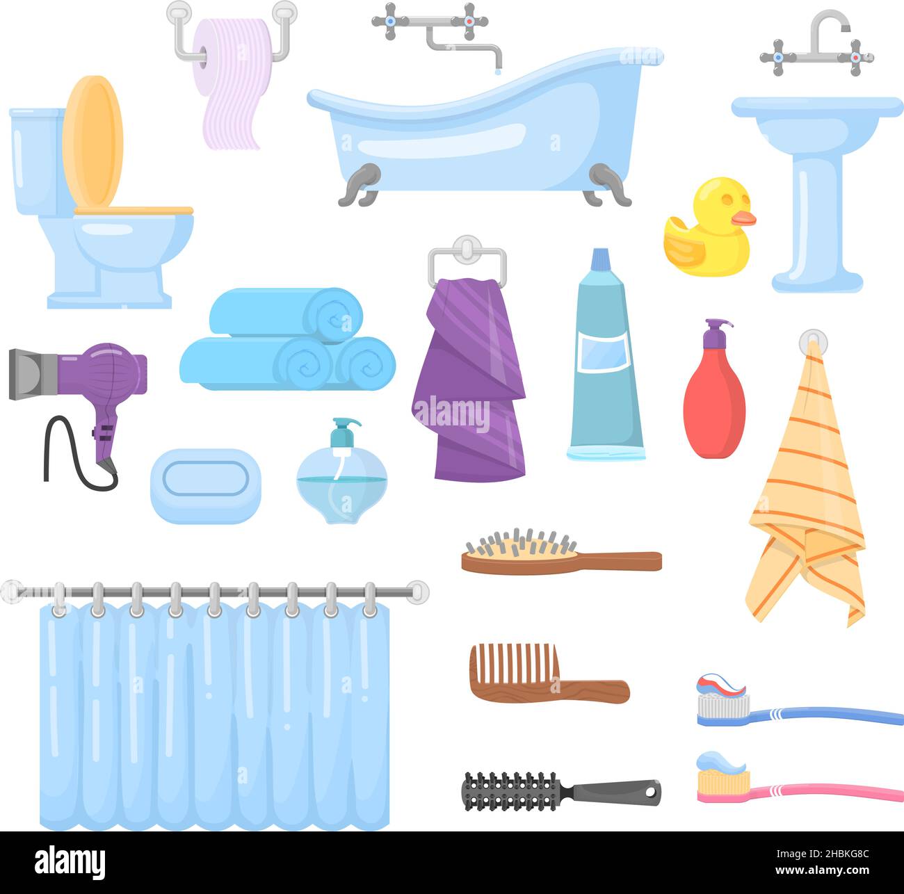 Bathroom accessories. Toothbrush, toilet and soap. Bath interior elements, hygiene cartoon icons. Towels and bottle, bathtub decent vector collection Stock Vector
