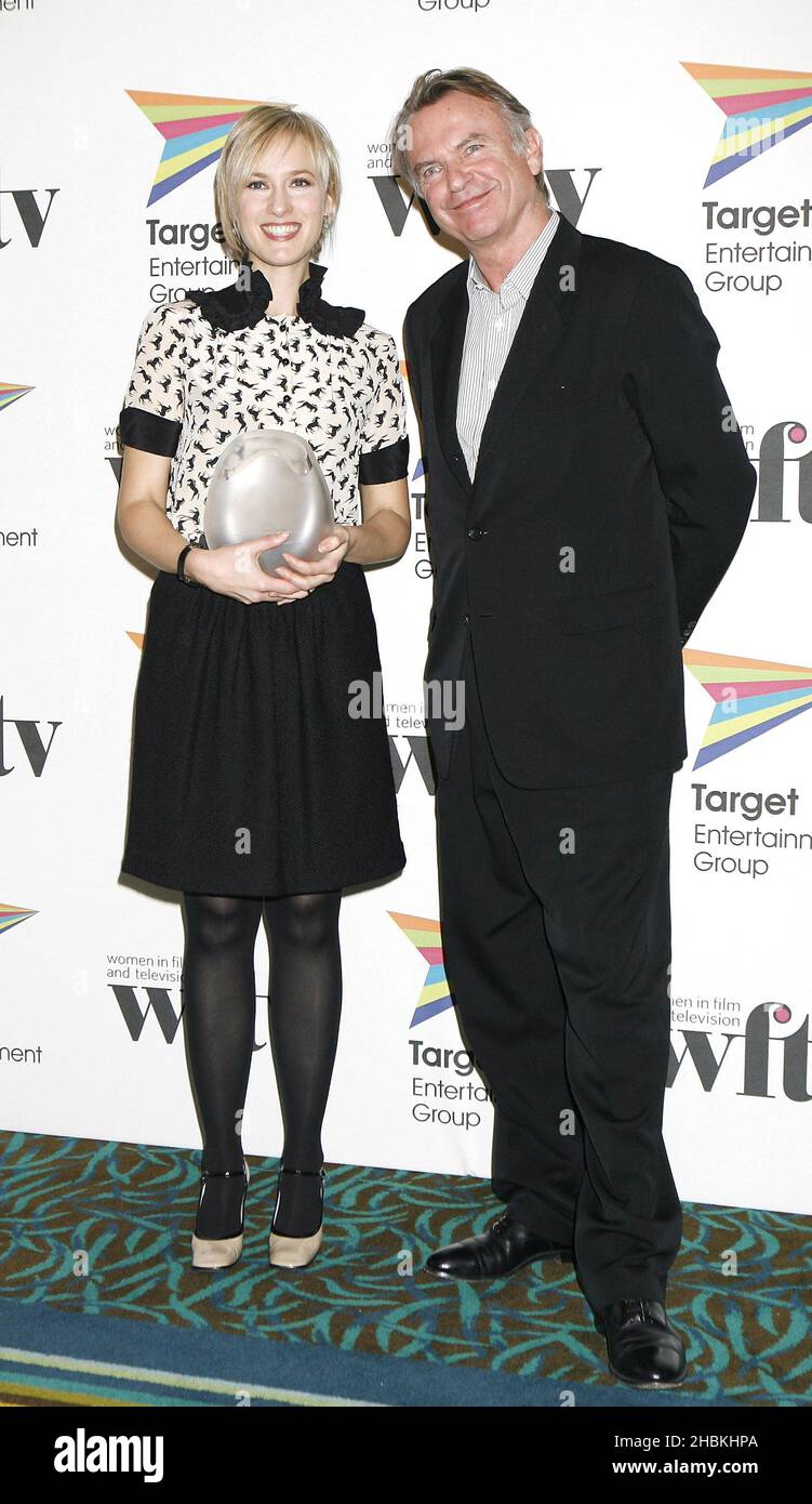 Sam Neill presents the Talk Back Thames News Talent Award to Rebekah Gilbertson at the Target Women in Film and Television awards at the Hilton Hotel in central London. Stock Photo