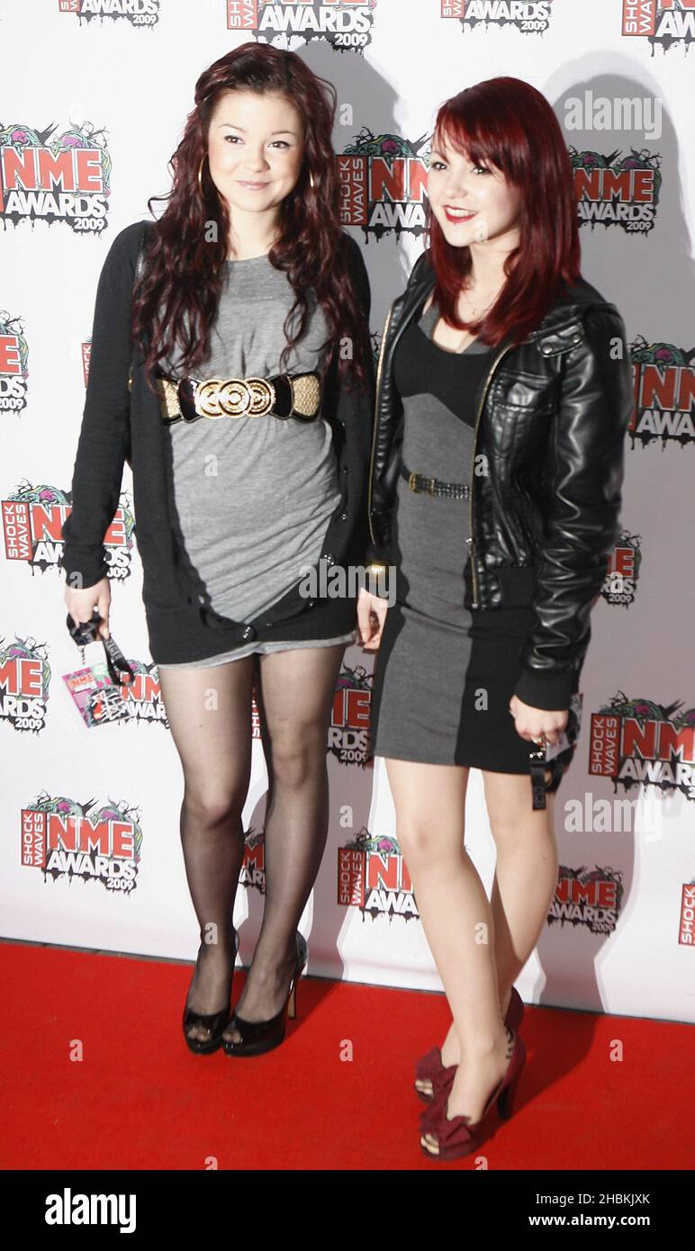Kathryn Prescott and Megan Prescott of Skins arrive at the NME Awards at the 02 Academy in Brixton, London. Stock Photo