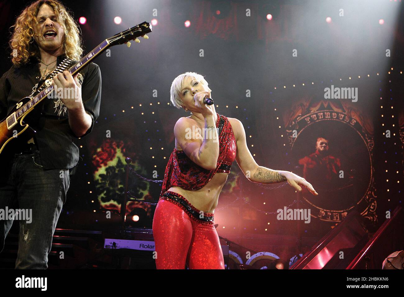 Pink performing at the o2 arena in greenwich hi-res stock photography ...