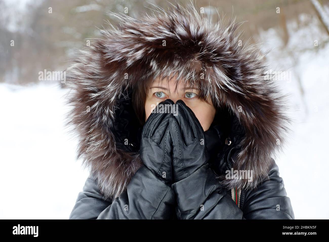 Frost weather in winter, woman in leather coat with fur hood standing on a street during snow and covering her face by hands in gloves Stock Photo