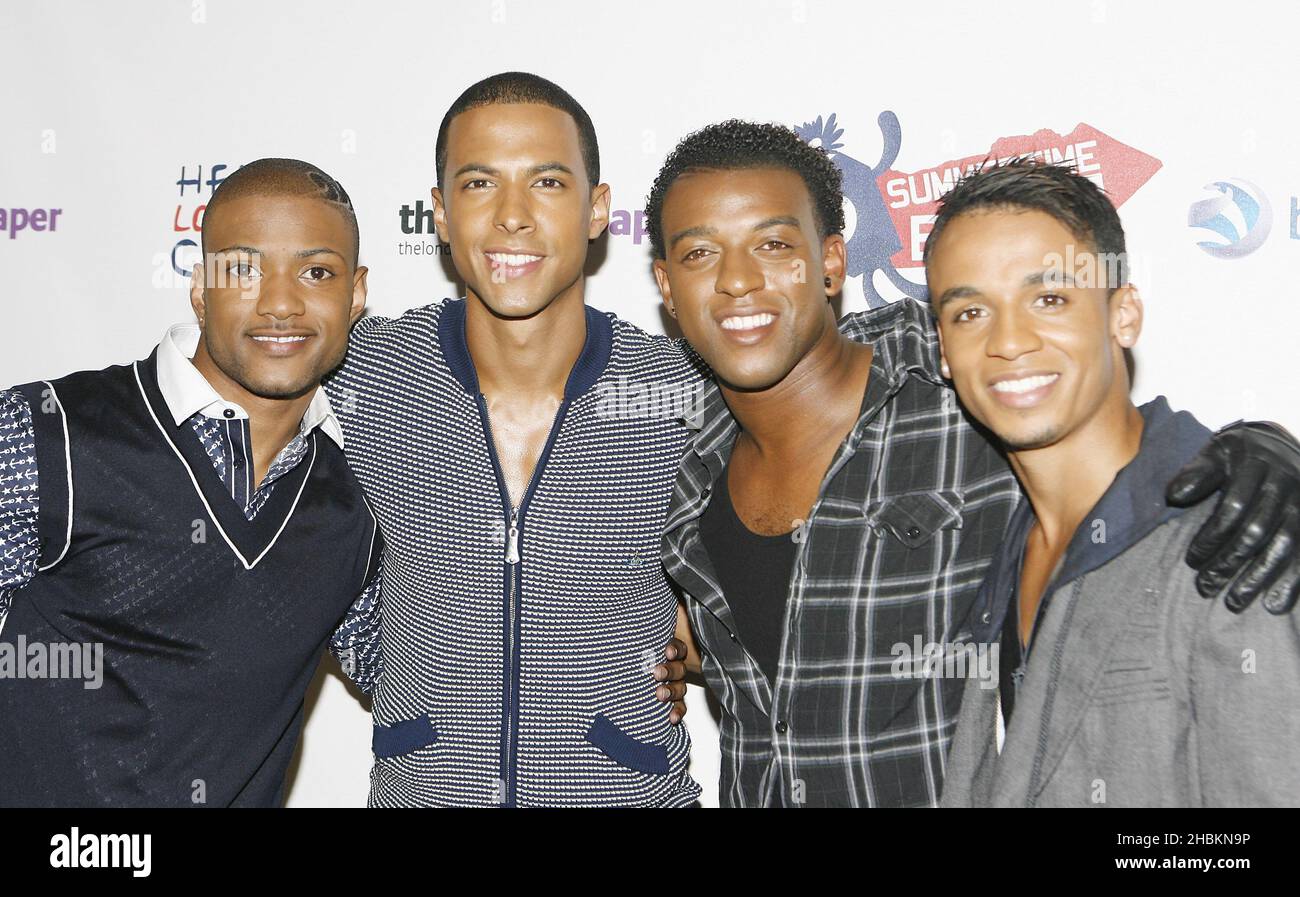 (L-R) Jonathan Gill, Marvin Humes, Oritse Williams, and Aston Merrygold of JLS in the press run at Capital 95.8 Summertime Ball with Barclaycard at the Emirates Stadium, London. Stock Photo