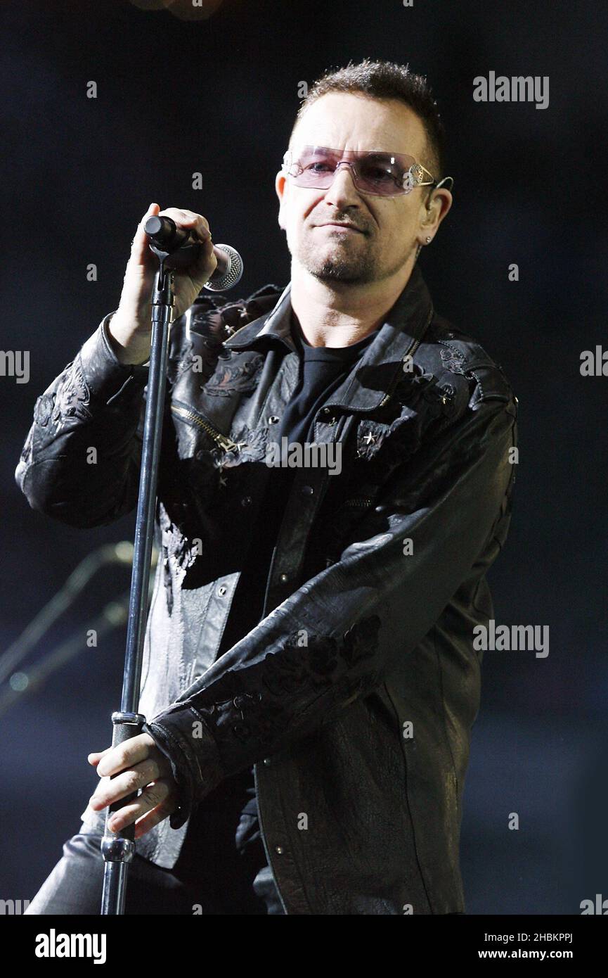 Bono of U2 performs at Wembley Stadium, London. Stock Photo