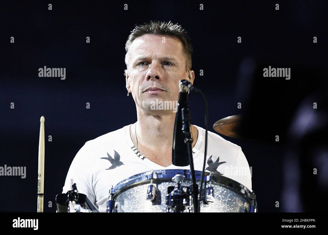 Larry Mullen Jnr of U2 performs at Wembley Stadium, London. Stock Photo