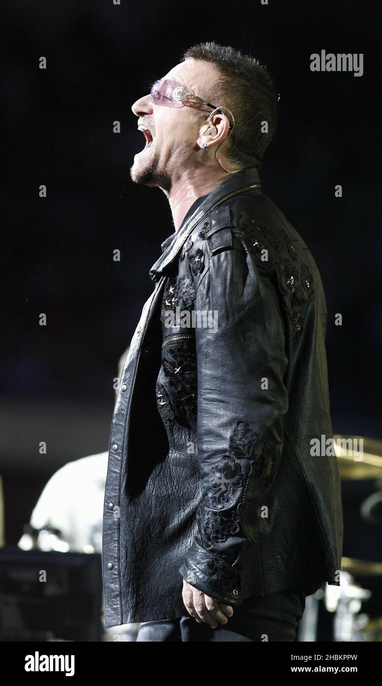 Bono of U2 performs at Wembley Stadium, London. Stock Photo