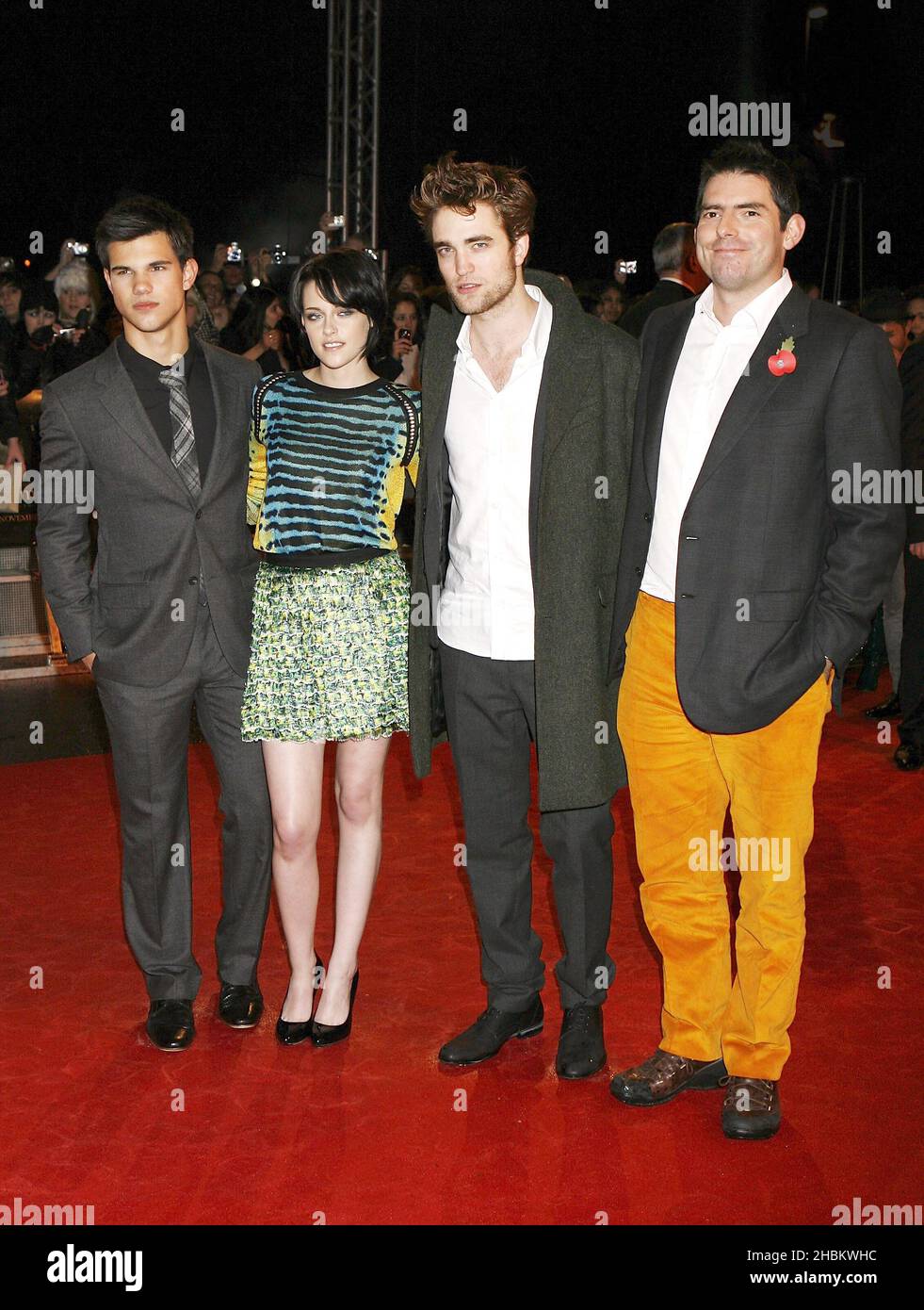 Taylor Lautner, Kristen Stewart, Robert Pattinson and Chris White arrive at the UK Fan Party of The Twilight Saga: New Moon at the Battersea Evolution, London Stock Photo