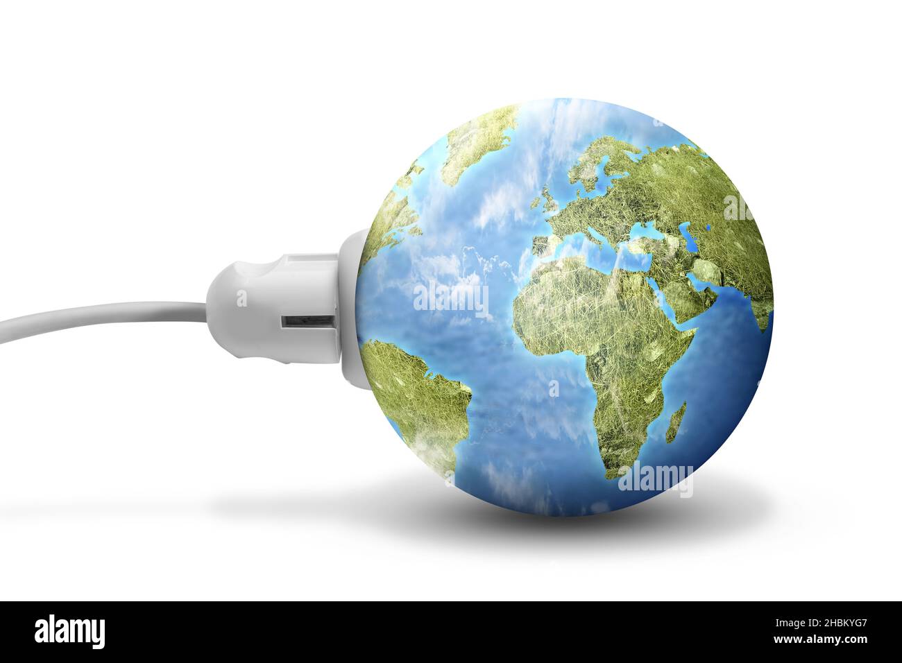 Electric plug into an earth power socket isolated over white background
